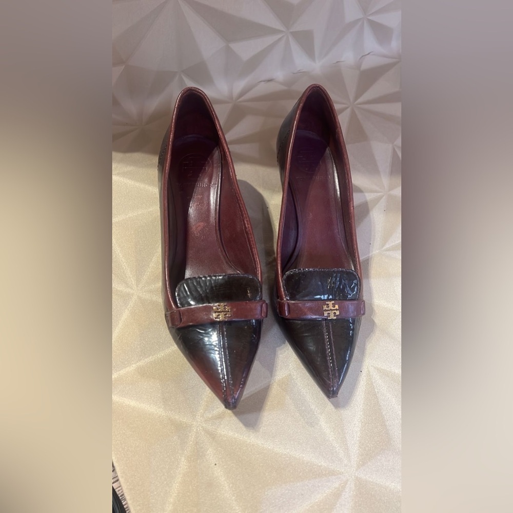 Tory Burch Burgundy and Black Patent kitten heels